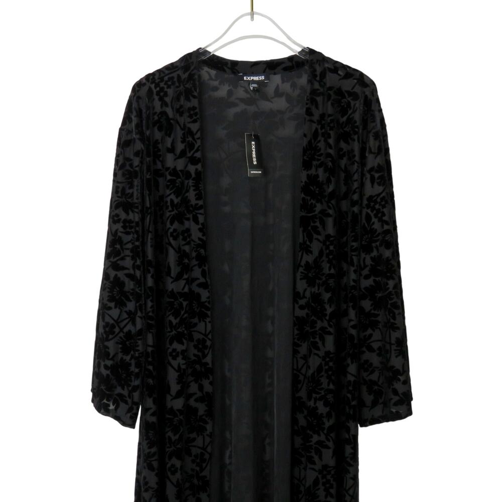Express Black Velvet Floral Sheer Kimono Duster Long Size Small NWT - Picture 3 of 10